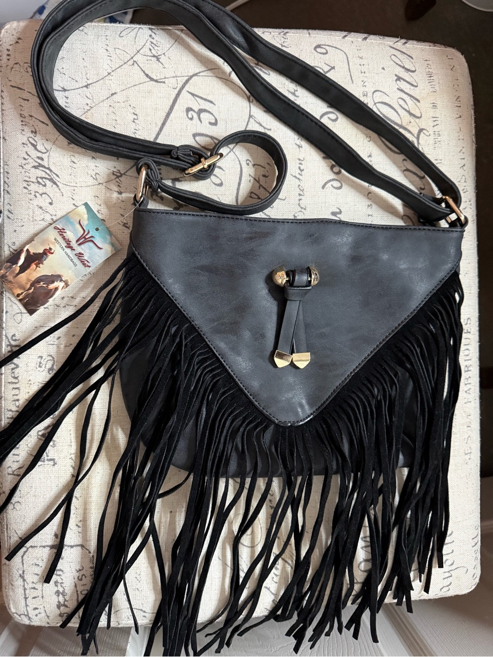 Black Fringe Crossbody Bag with Gold Accents - Women's Crossbody